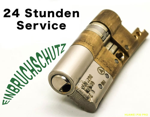Schließzylinder mit den Aufschriften 24 Stunden Service und Einbruchschutz